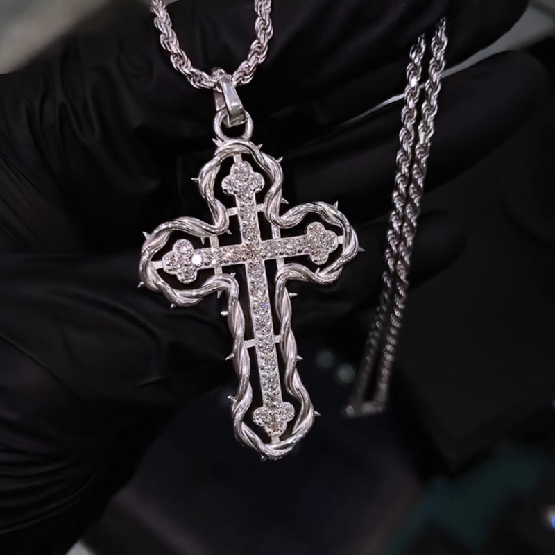 Iced Out Cross Pendant Necklace with Rope Frame Iced Out Cross Pendant Necklace with Rope Frame