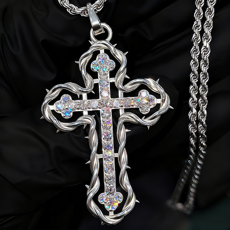 Iced Out Cross Pendant Necklace with Rope Frame Iced Out Cross Pendant Necklace with Rope Frame