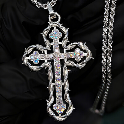 Iced Out Cross Pendant Necklace with Rope Frame