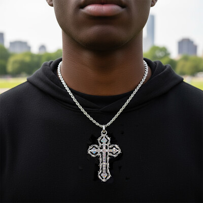 Iced Out Cross Pendant Necklace with Rope Frame