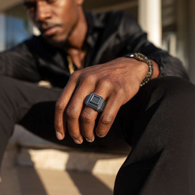Square Iced Out Ring with Black Stones