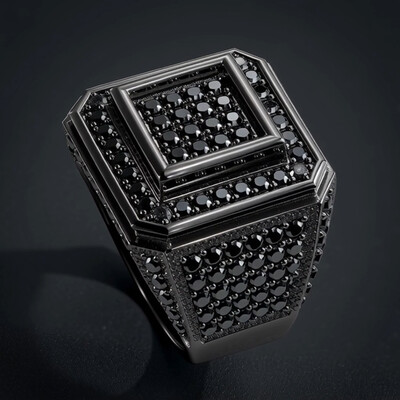 Square Iced Out Ring with Black Stones