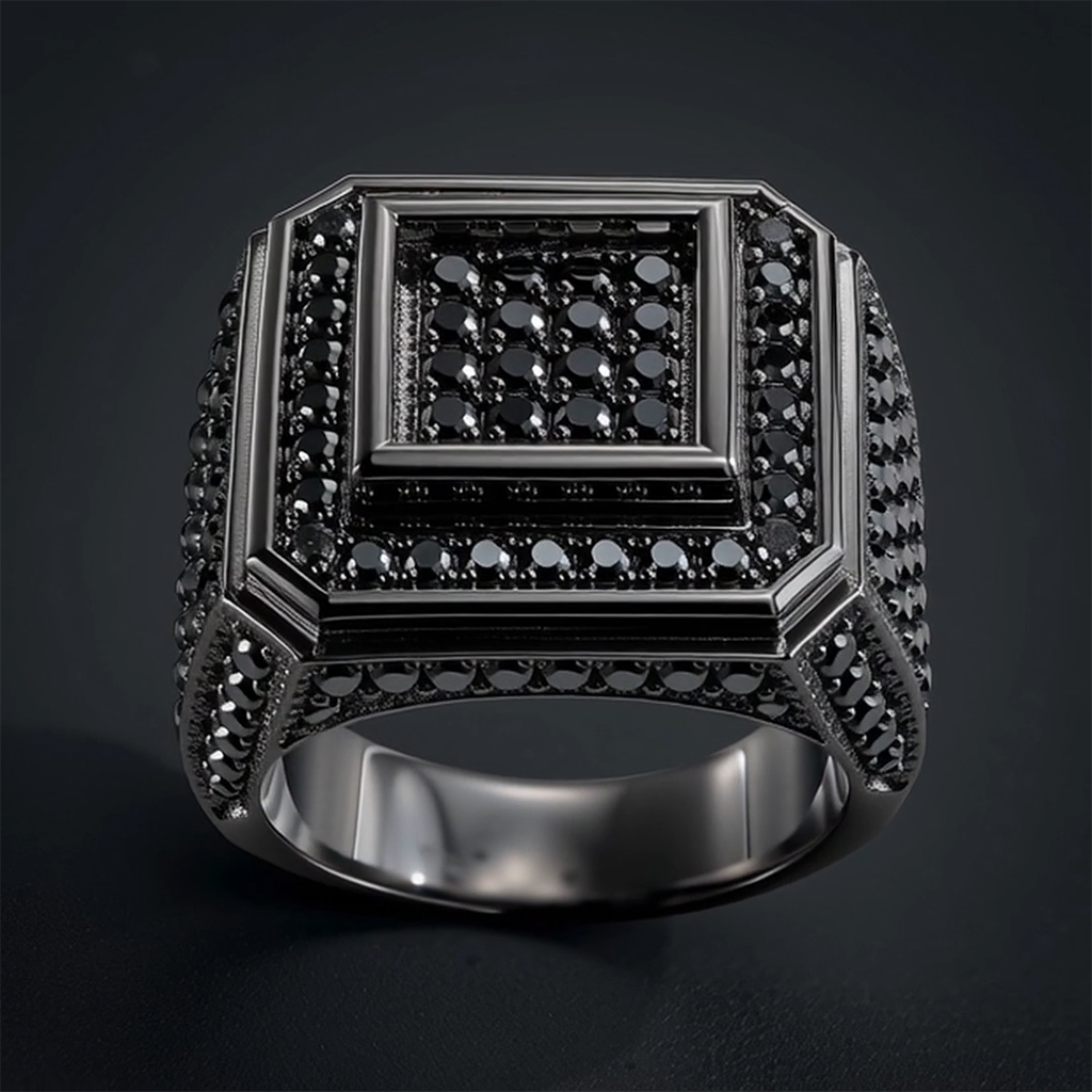 Square Iced Out Ring with Black Stones