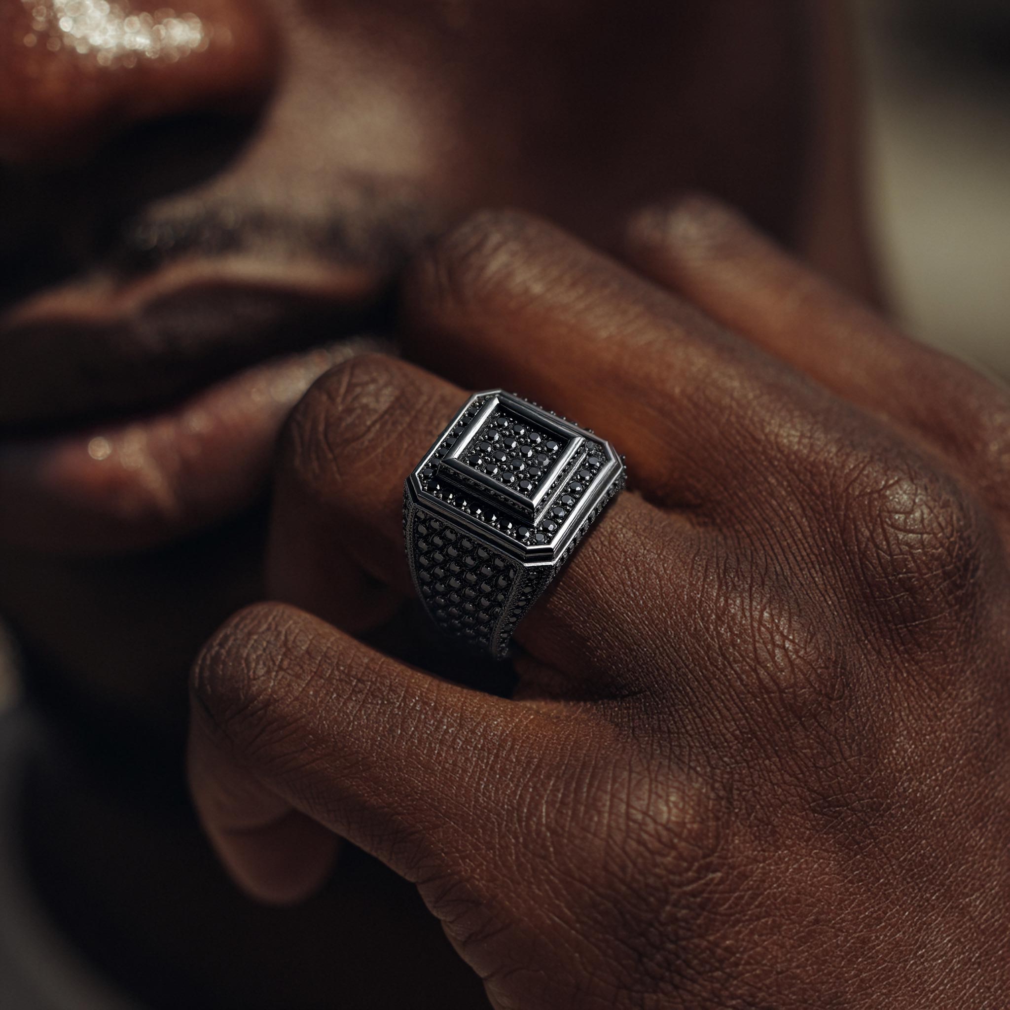 Square Iced Out Ring with Black Stones