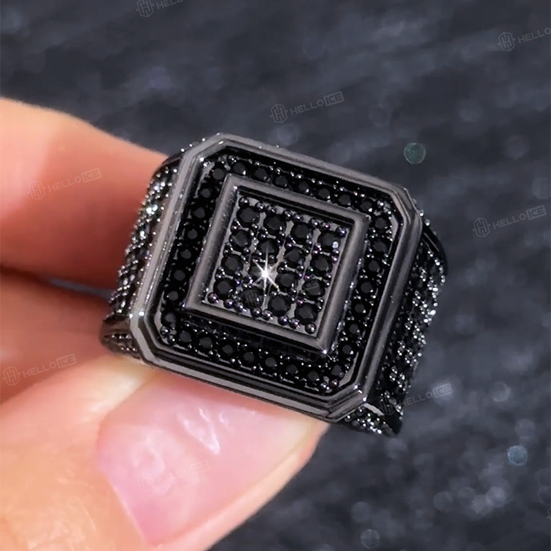 Square Iced Out Ring with Black Stones