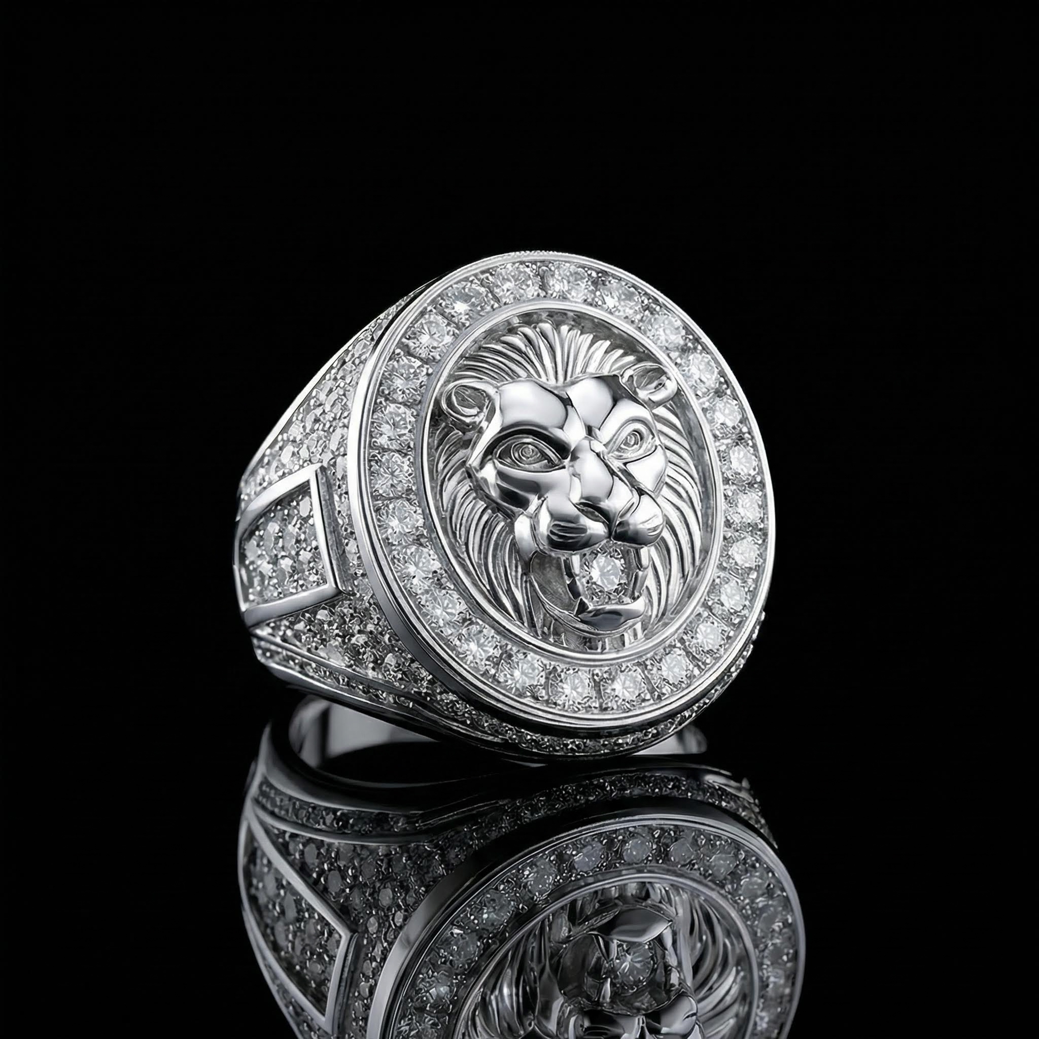 Iced Roaring Lion Head Ring