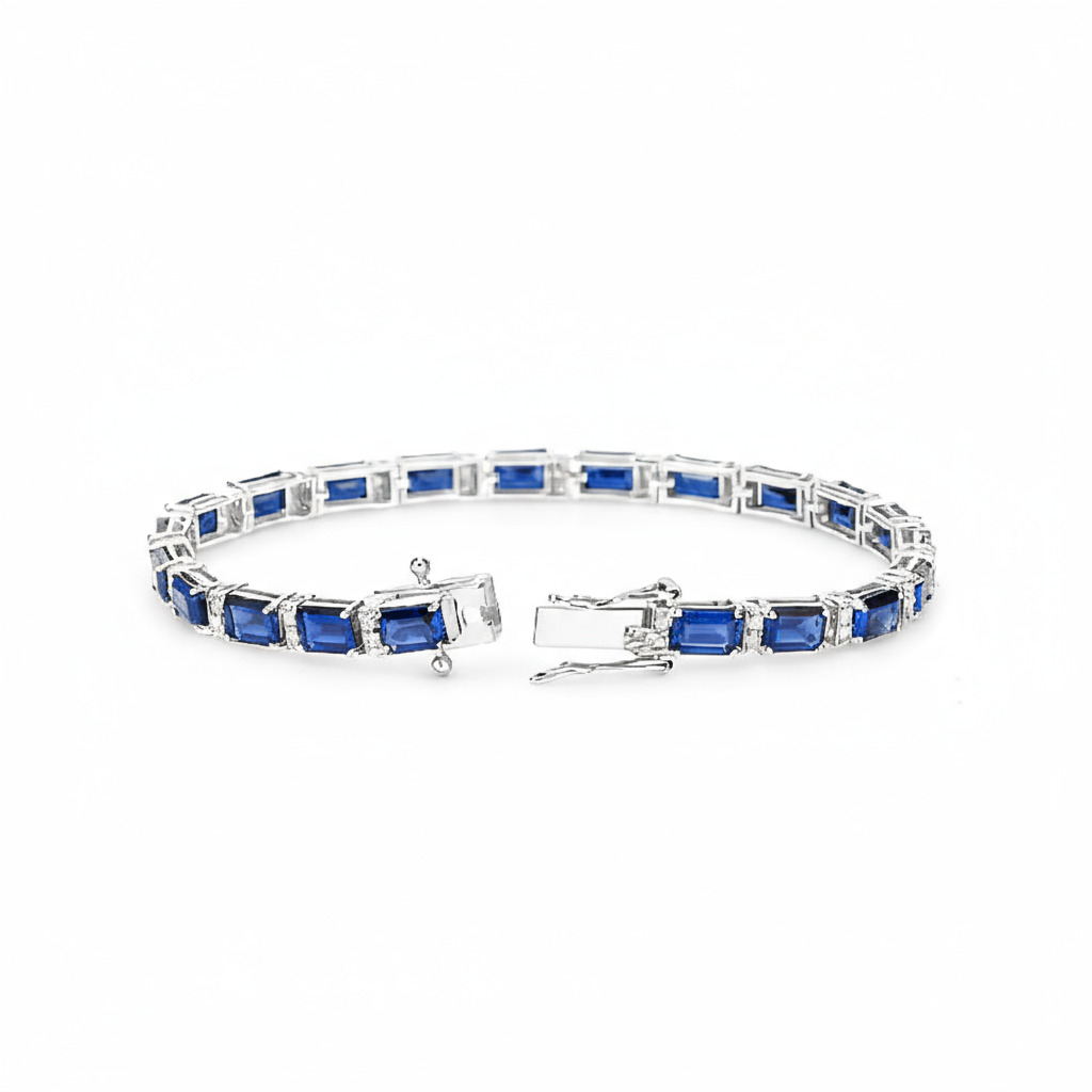 S925 Silver Blue Sapphire and White Diamond Tennis Bracelet