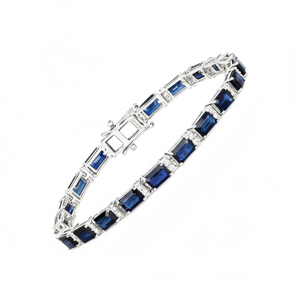S925 Silver Blue Sapphire and White Diamond Tennis Bracelet