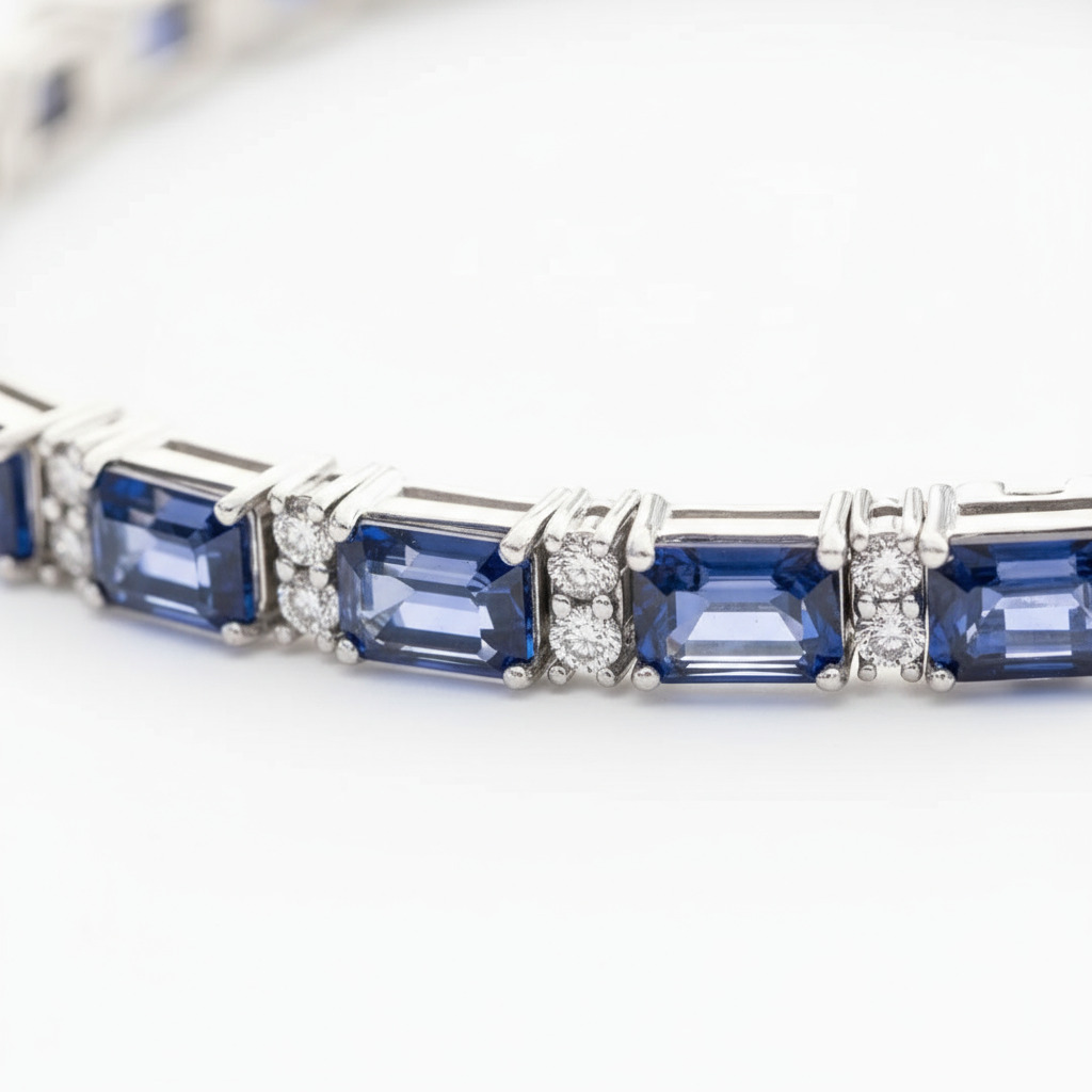 S925 Silver Blue Sapphire and White Diamond Tennis Bracelet