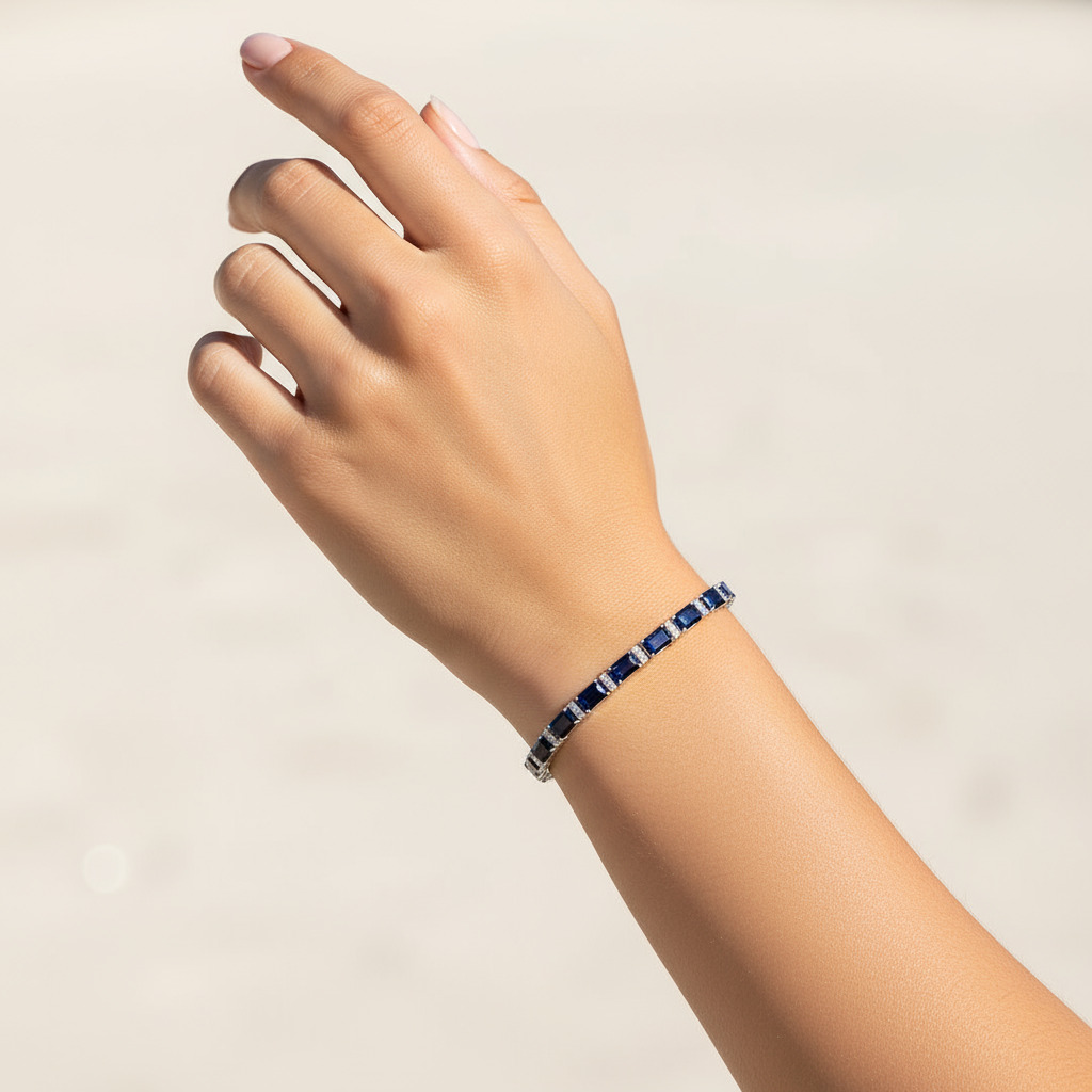 S925 Silver Blue Sapphire and White Diamond Tennis Bracelet