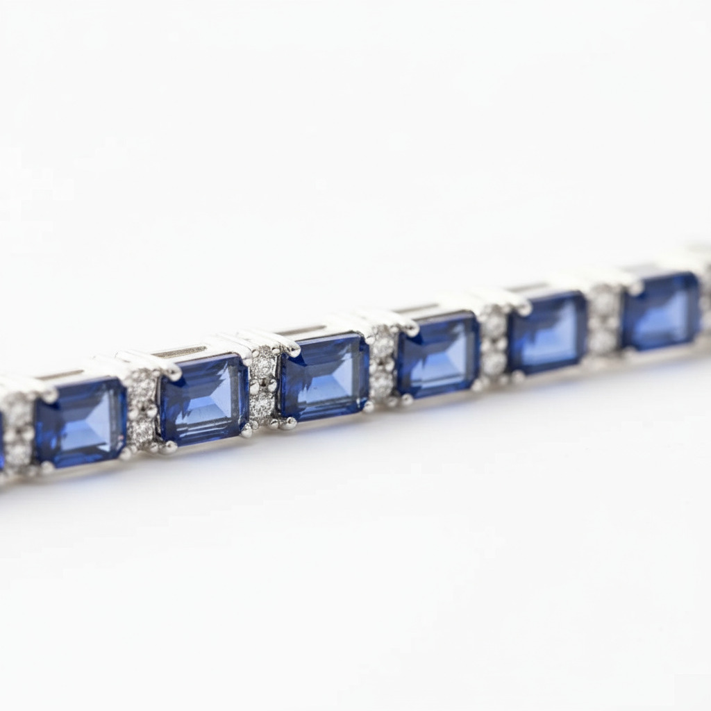 S925 Silver Blue Sapphire and White Diamond Tennis Bracelet