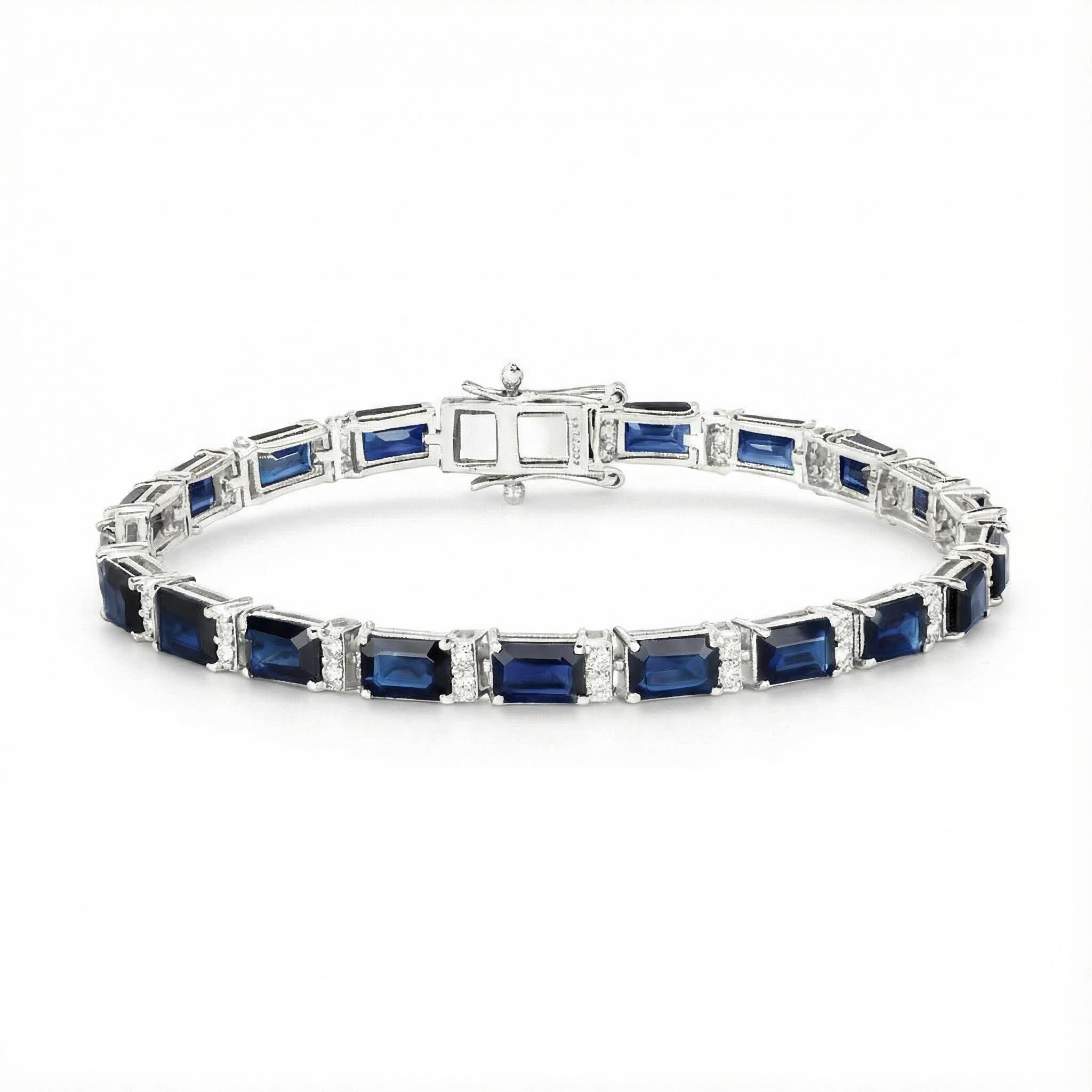 S925 Silver Blue Sapphire and White Diamond Tennis Bracelet
