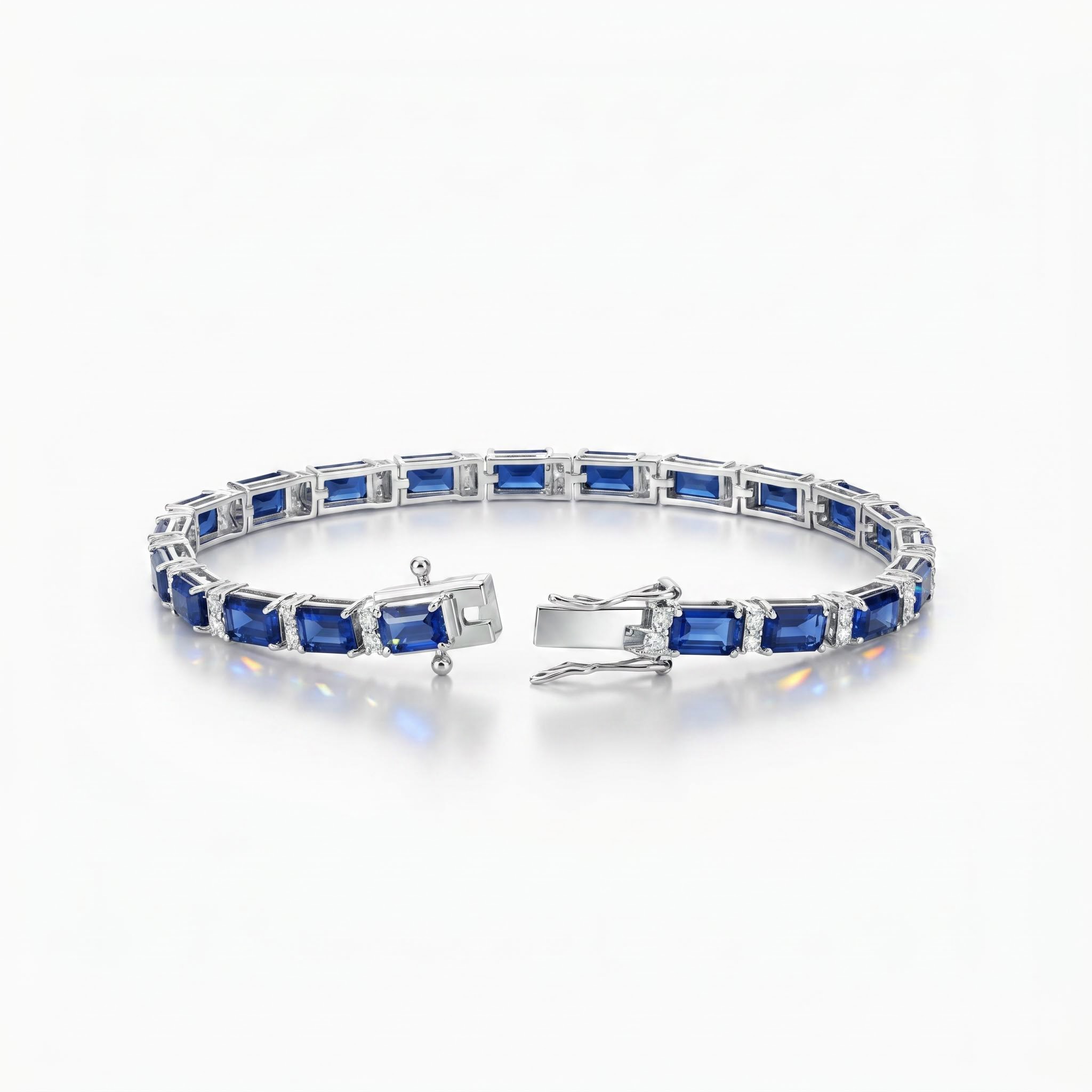 S925 Silver Blue Sapphire and White Diamond Tennis Bracelet