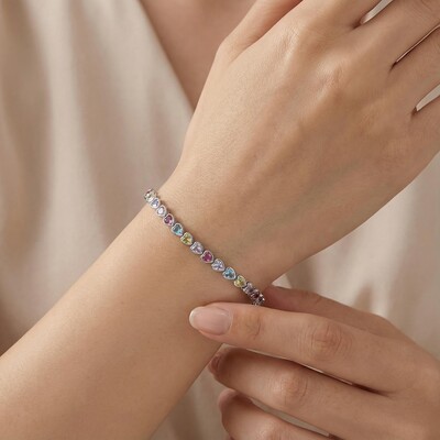 S925 Silver Heart Cut Rainbow Diamond Tennis Bracelet