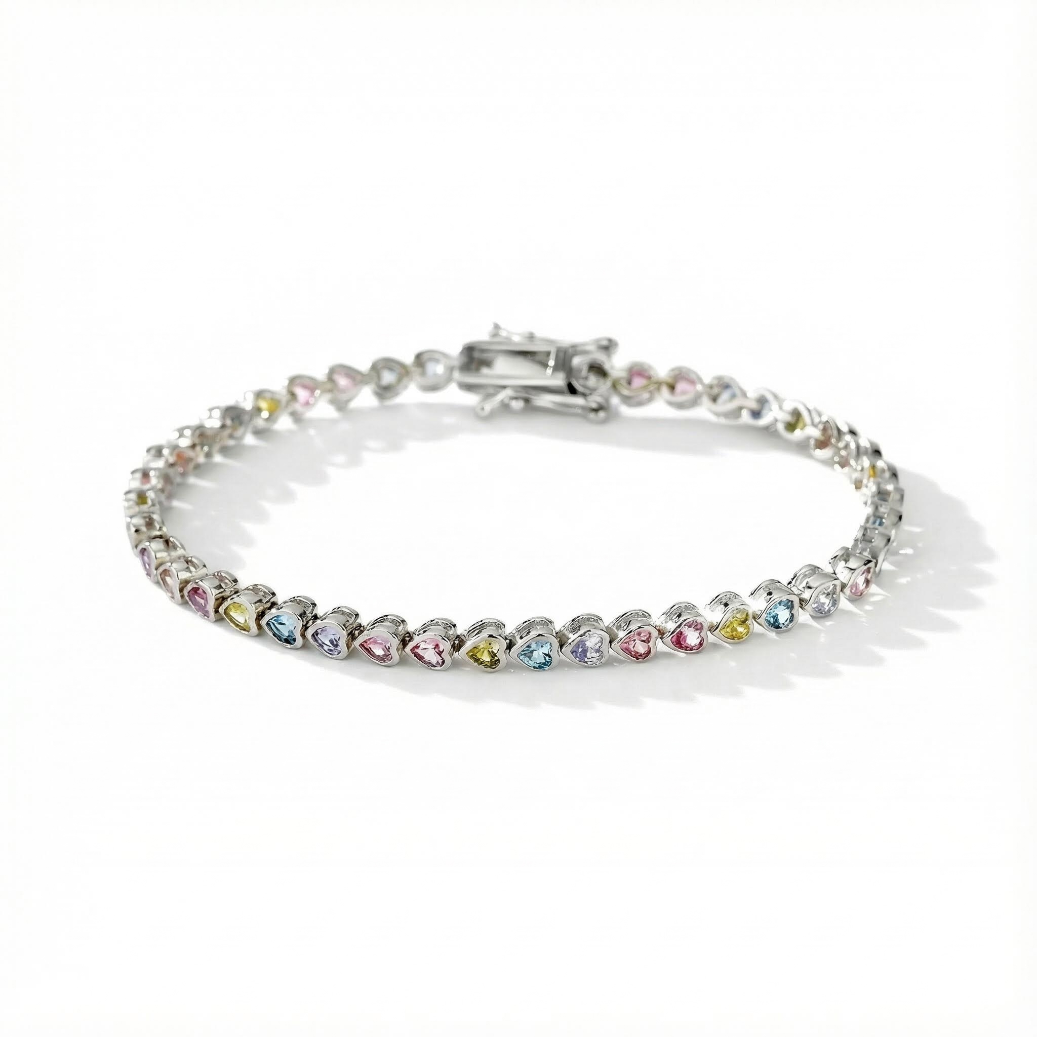 S925 Silver Heart Cut Rainbow Diamond Tennis Bracelet
