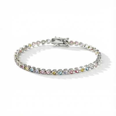 S925 Silver Heart Cut Rainbow Diamond Tennis Bracelet