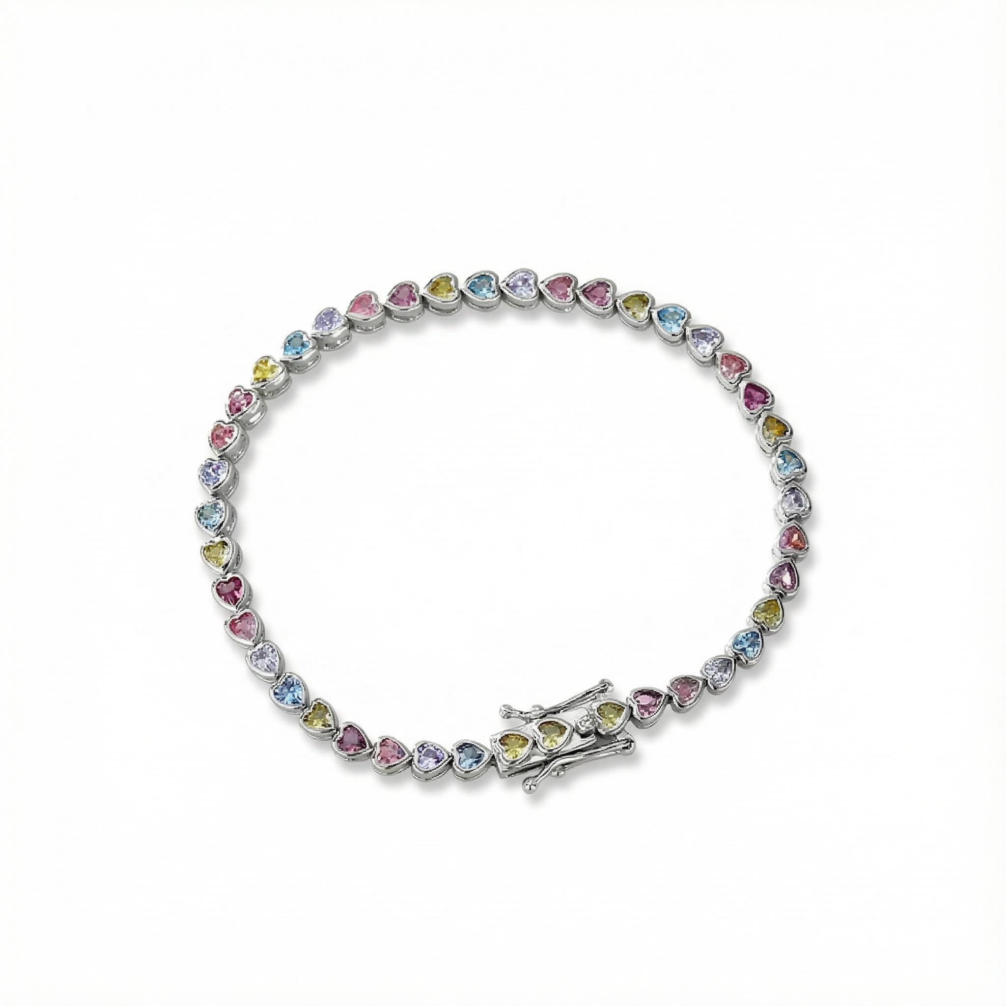 S925 Silver Heart Cut Rainbow Diamond Tennis Bracelet