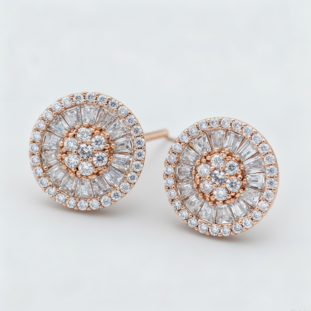 S925 Silver Baguette & Round  Cut Diamond Stud Earrings