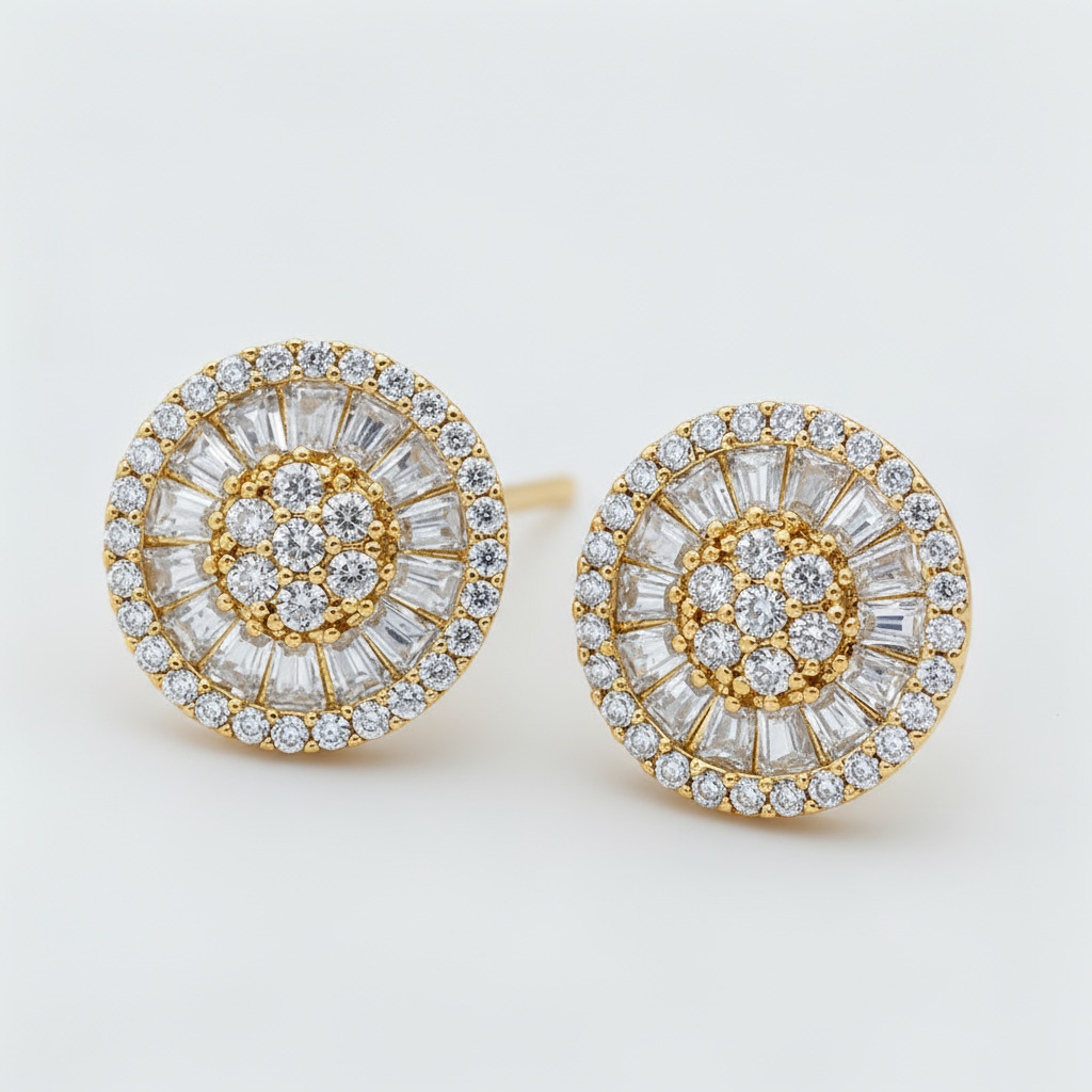 S925 Silver Baguette & Round  Cut Diamond Stud Earrings