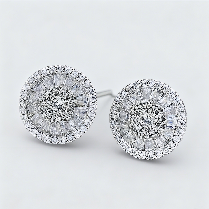 S925 Silver Baguette & Round  Cut Diamond Stud Earrings