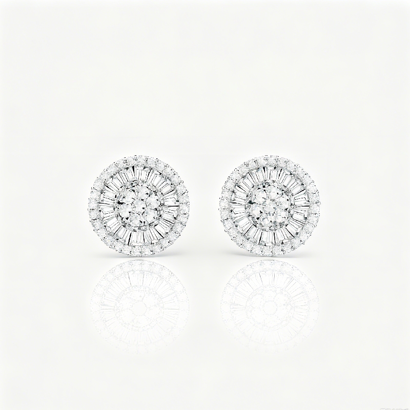 S925 Silver Baguette & Round  Cut Diamond Stud Earrings