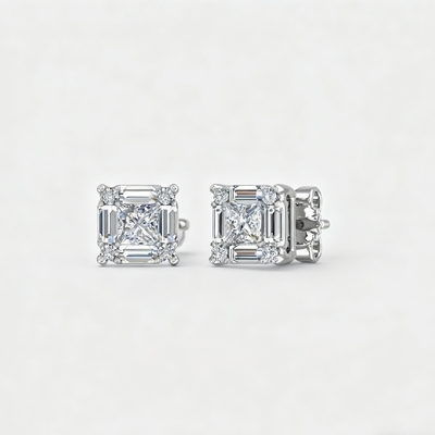Princess & Baguette Cut VVS Moissanite S925 Silver Stud Earrings