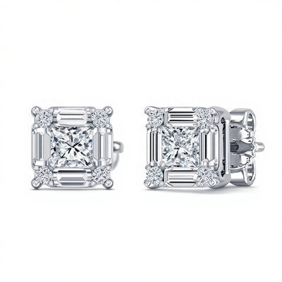 Princess & Baguette Cut VVS Moissanite S925 Silver Stud Earrings