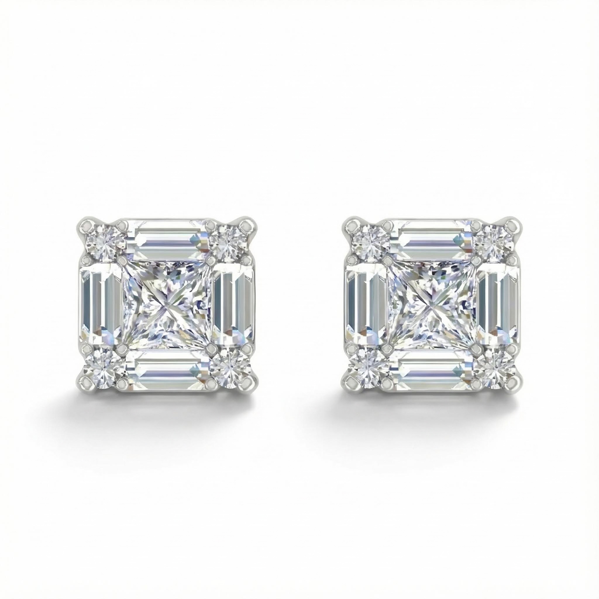 Princess & Baguette Cut VVS Moissanite S925 Silver Stud Earrings