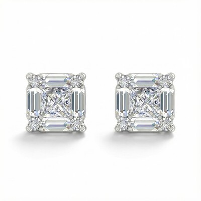 Princess & Baguette Cut VVS Moissanite S925 Silver Stud Earrings