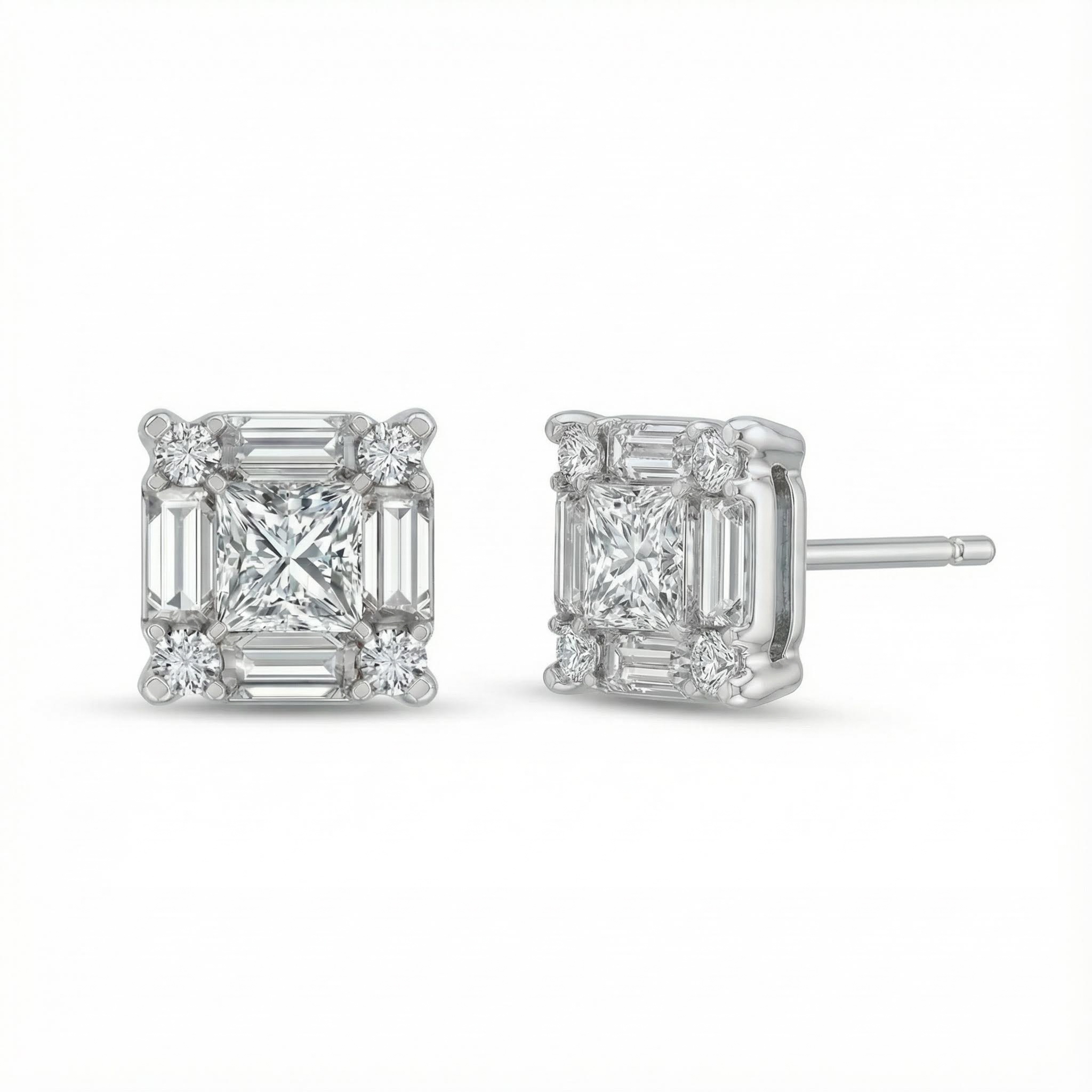 Princess & Baguette Cut VVS Moissanite S925 Silver Stud Earrings