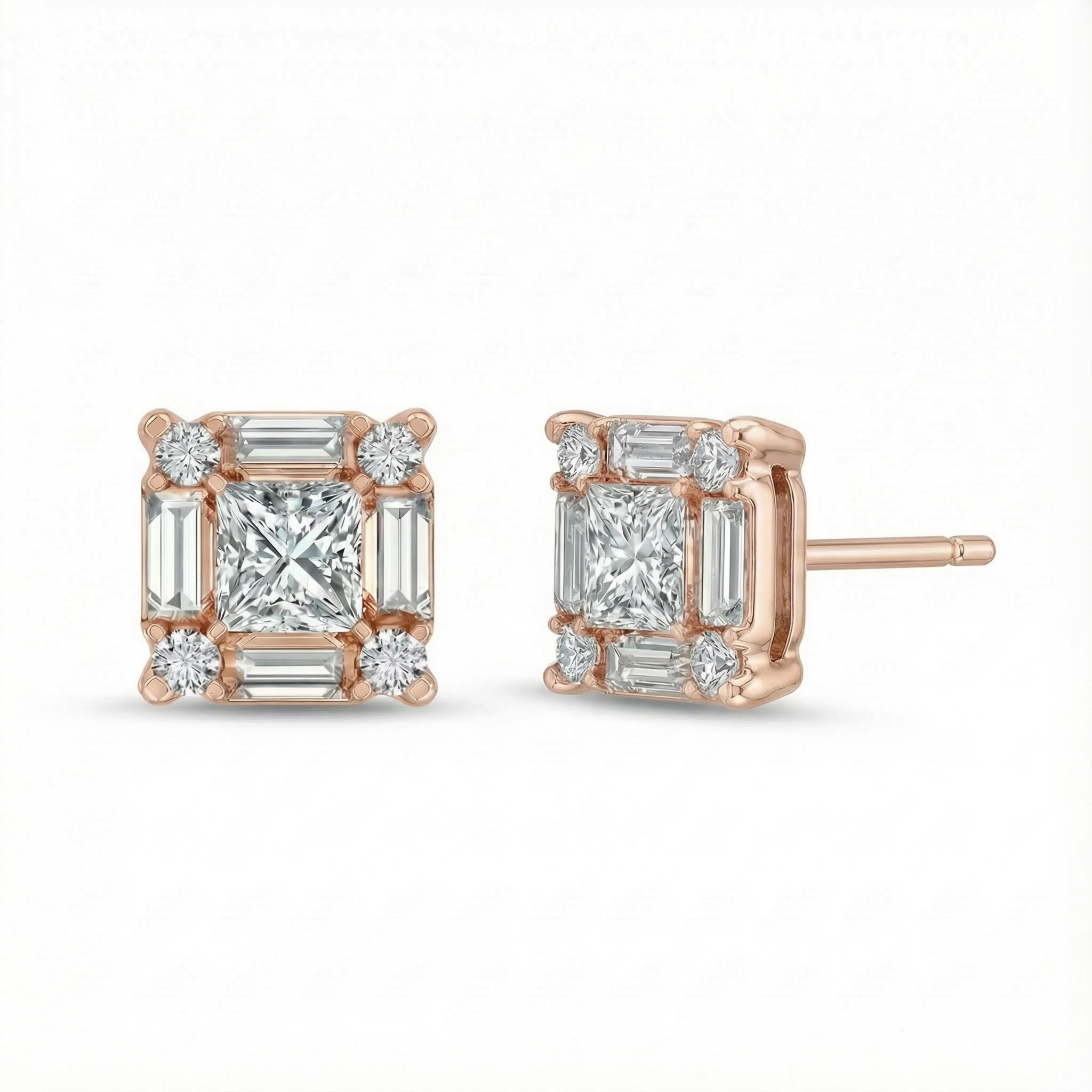 Princess & Baguette Cut VVS Moissanite S925 Silver Stud Earrings