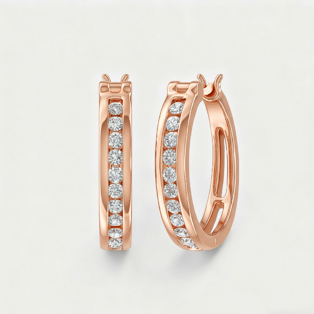 S925 Silver Round Diamond Channel Set Diamond Hoop Earrings