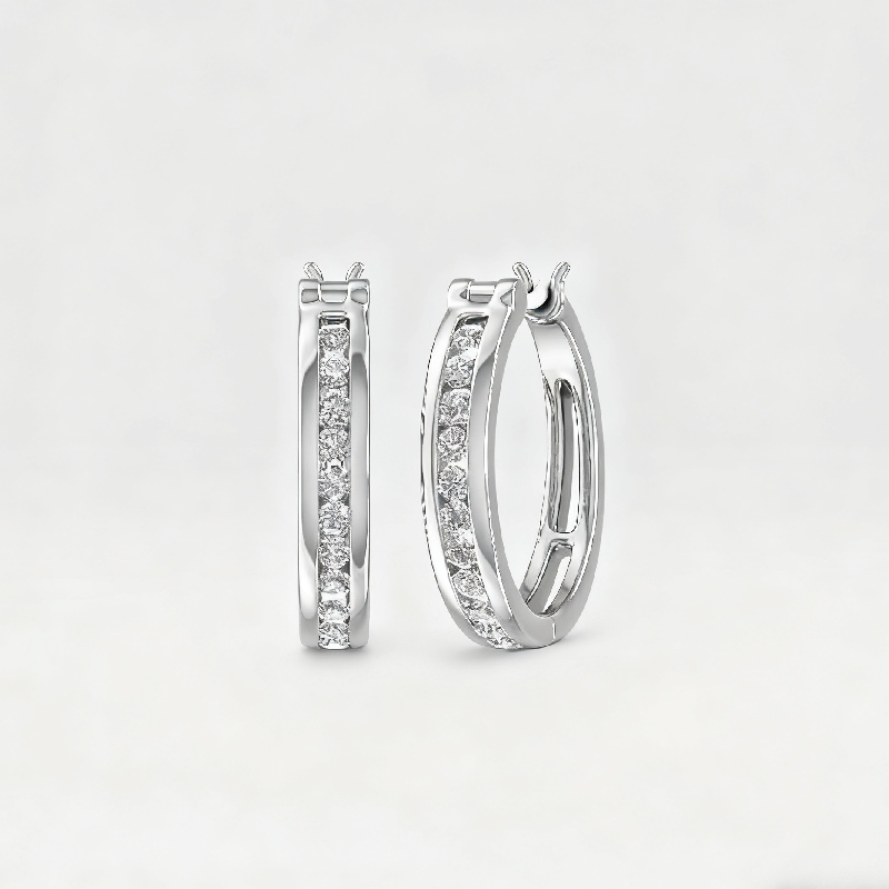 S925 Silver Round Diamond Channel Set Diamond Hoop Earrings