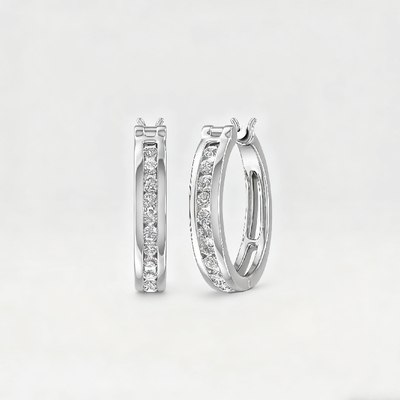 S925 Silver Round Diamond Channel Set Diamond Hoop Earrings