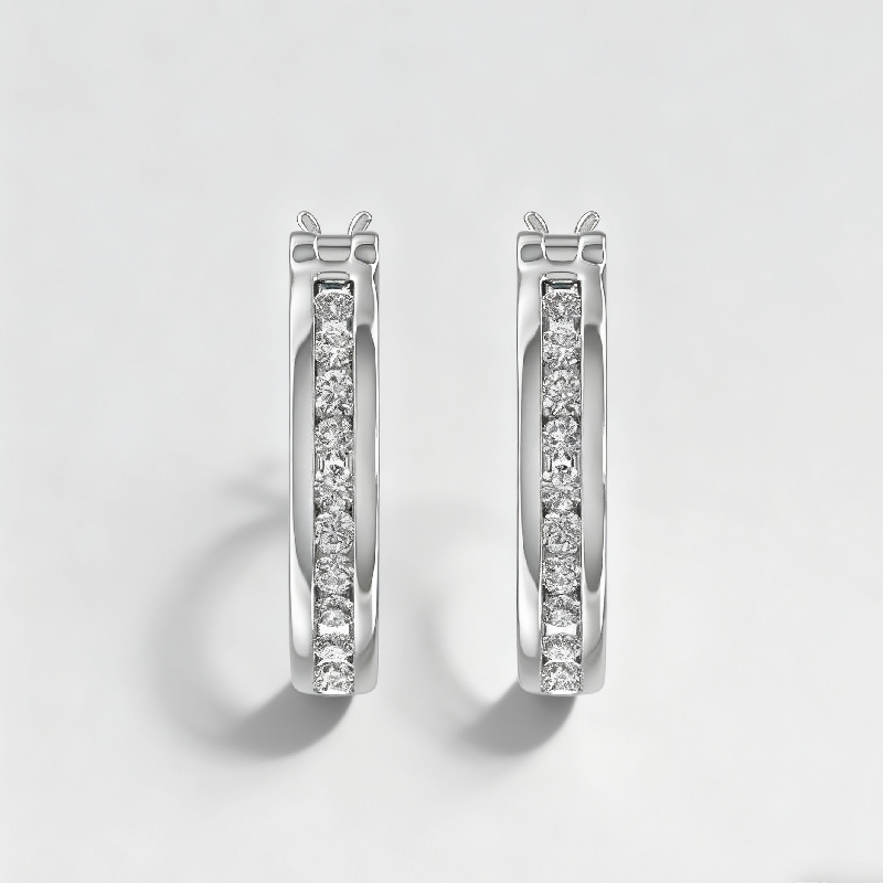 S925 Silver Round Diamond Channel Set Diamond Hoop Earrings