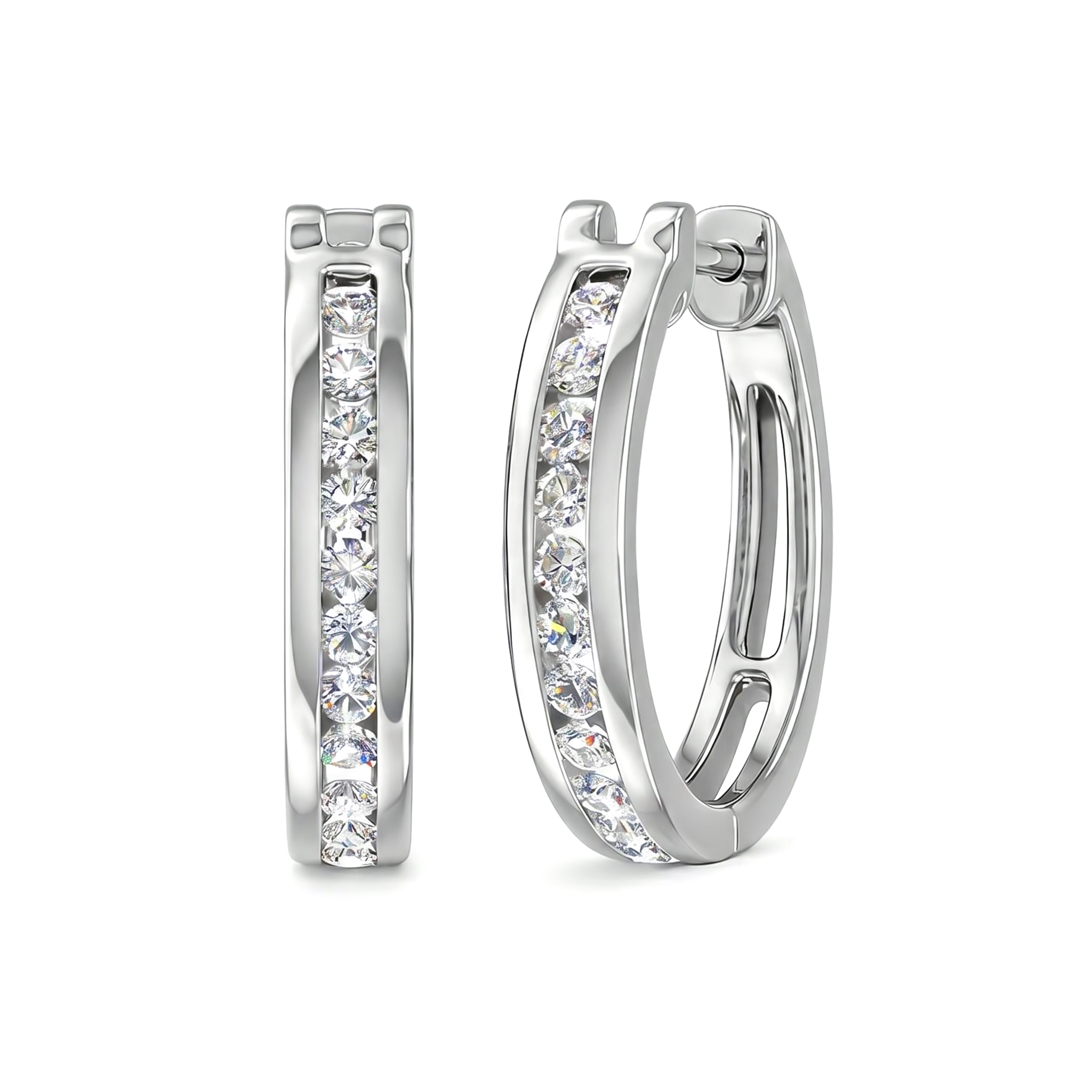 S925 Silver Round Diamond Channel Set Diamond Hoop Earrings