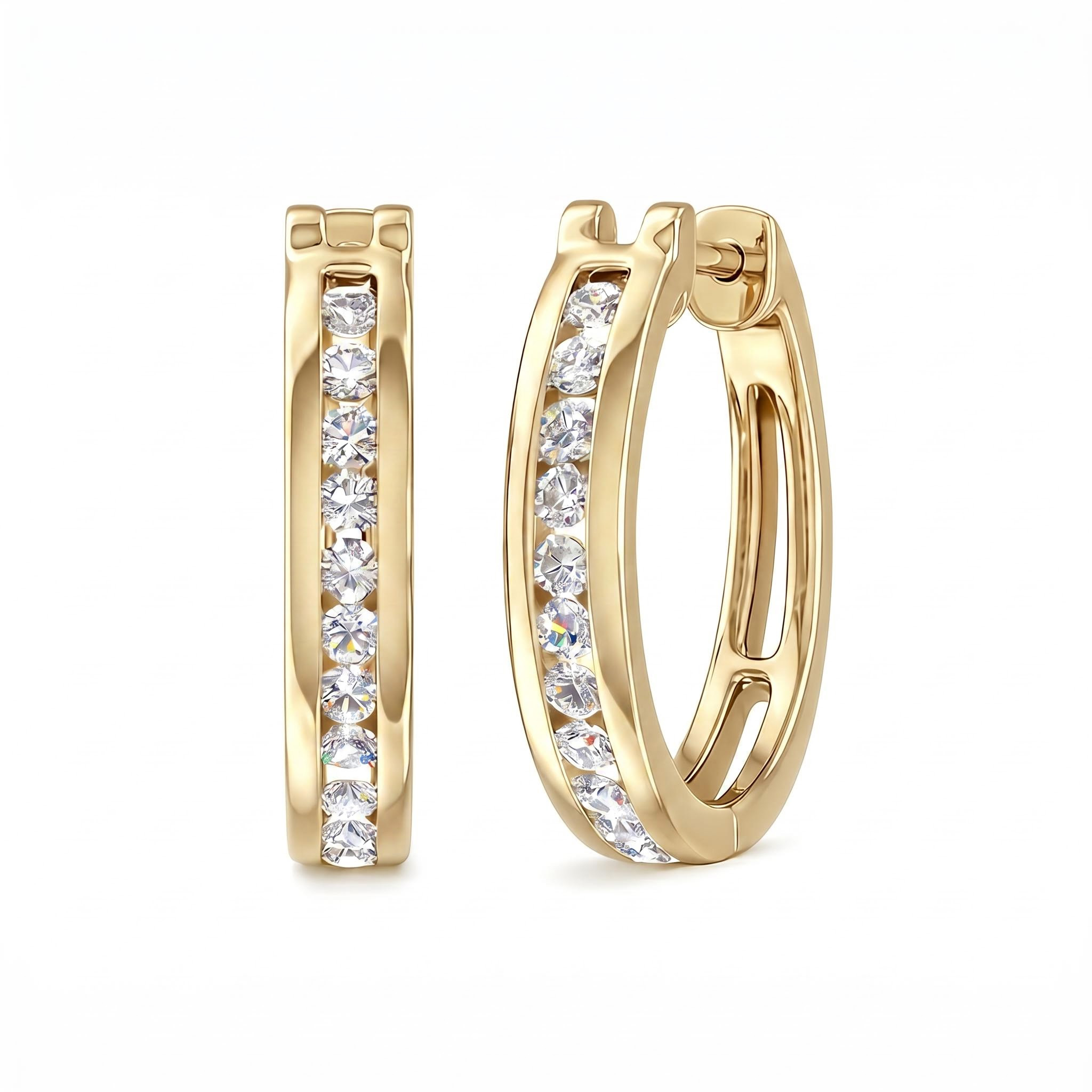 S925 Silver Round Diamond Channel Set Diamond Hoop Earrings