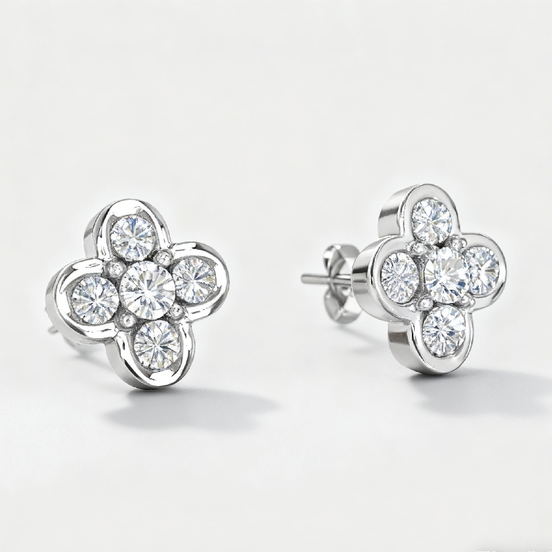 S925 Silver Round Diamond Clover Stud Earrings