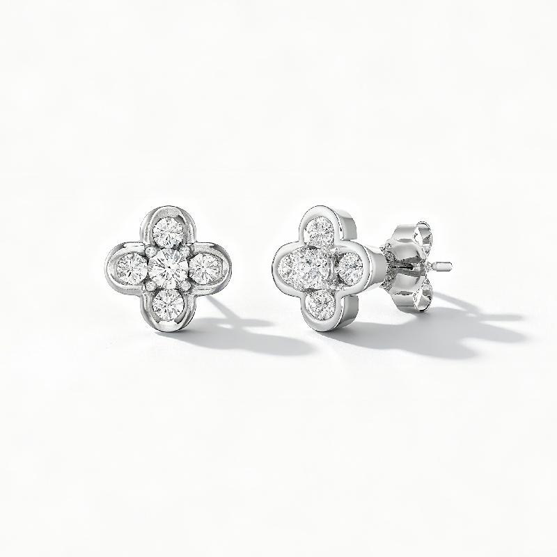 S925 Silver Round Diamond Clover Stud Earrings