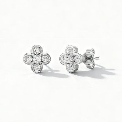 S925 Silver Round Diamond Clover Stud Earrings