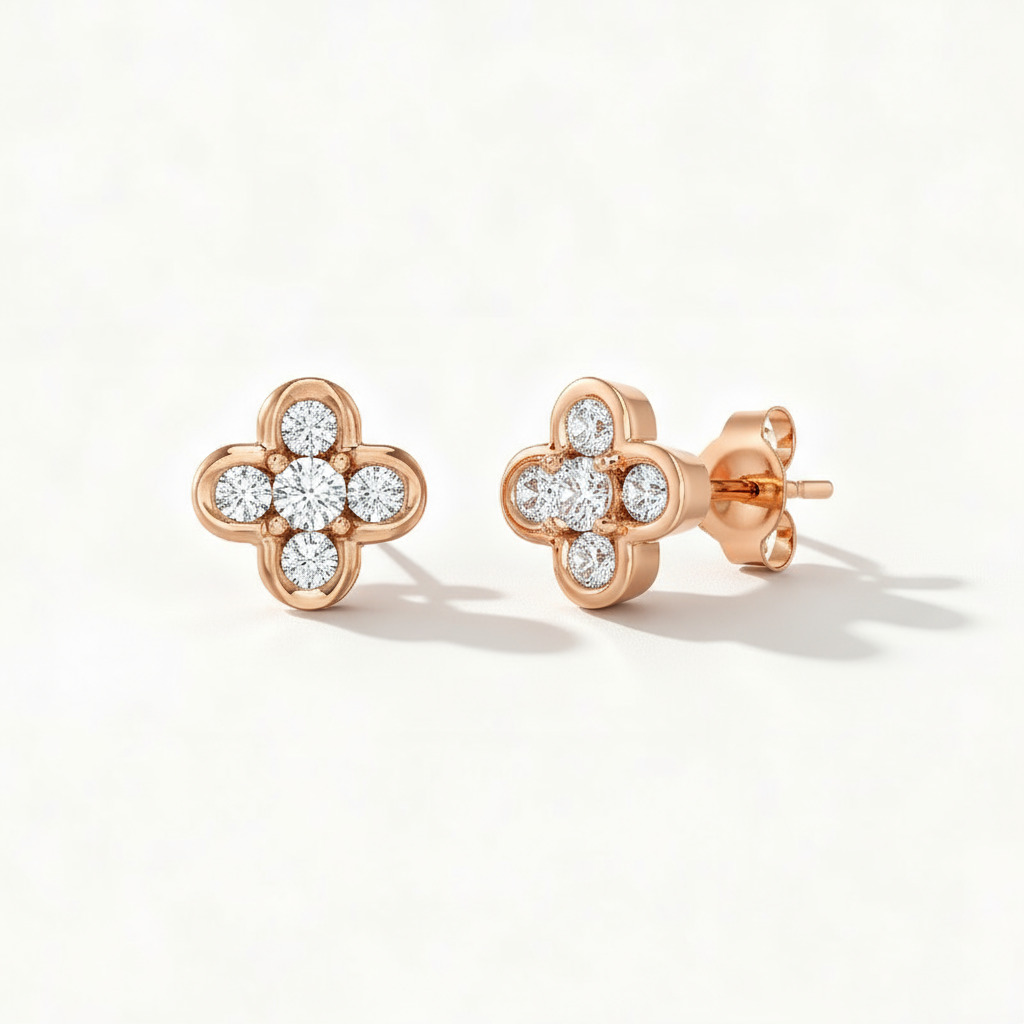 S925 Silver Round Diamond Clover Stud Earrings