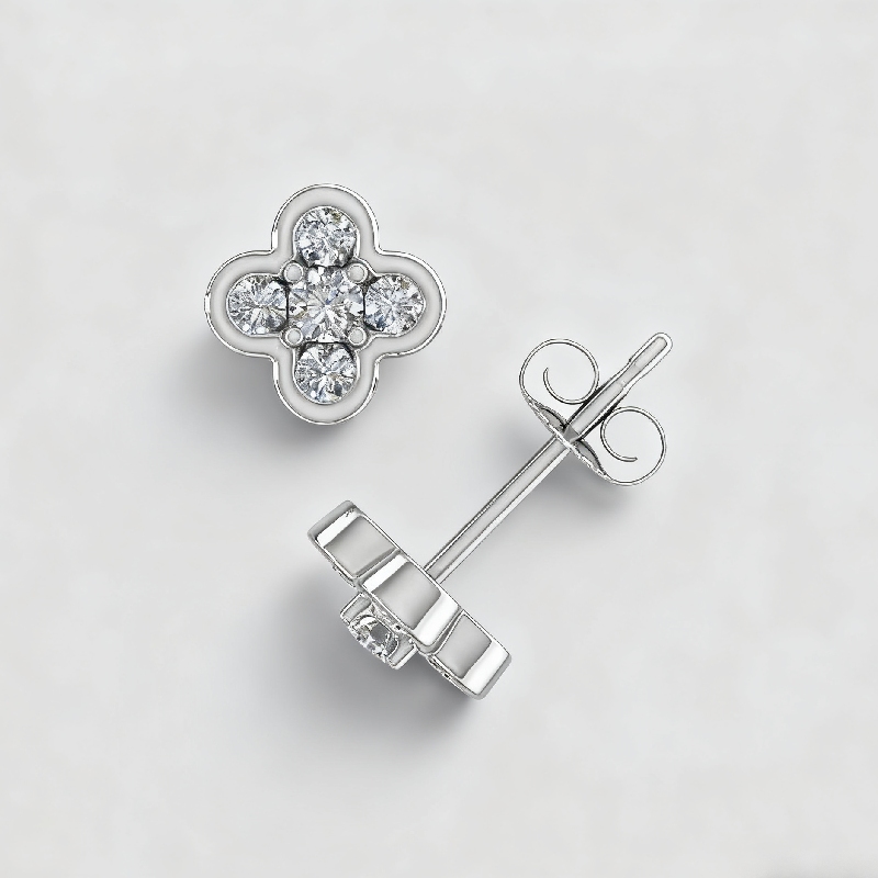 S925 Silver Round Diamond Clover Stud Earrings