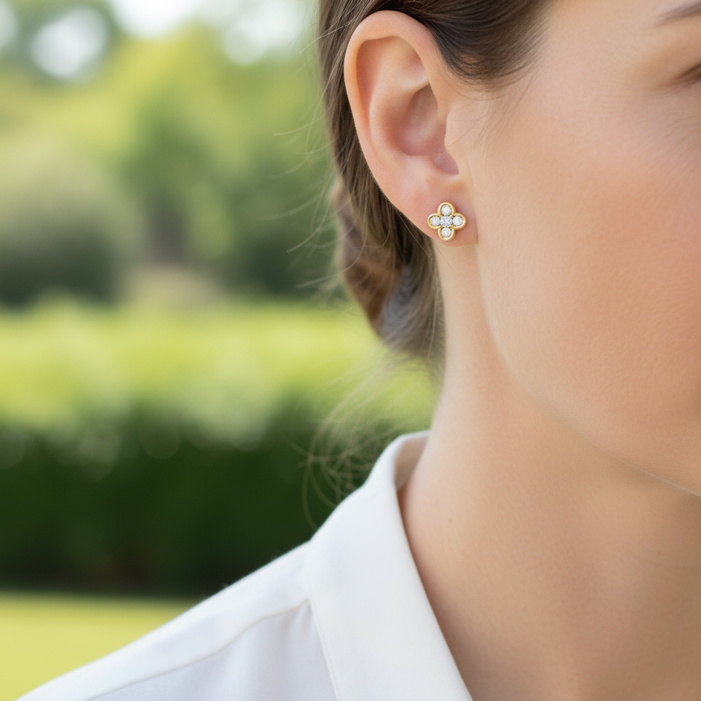 S925 Silver Round Diamond Clover Stud Earrings