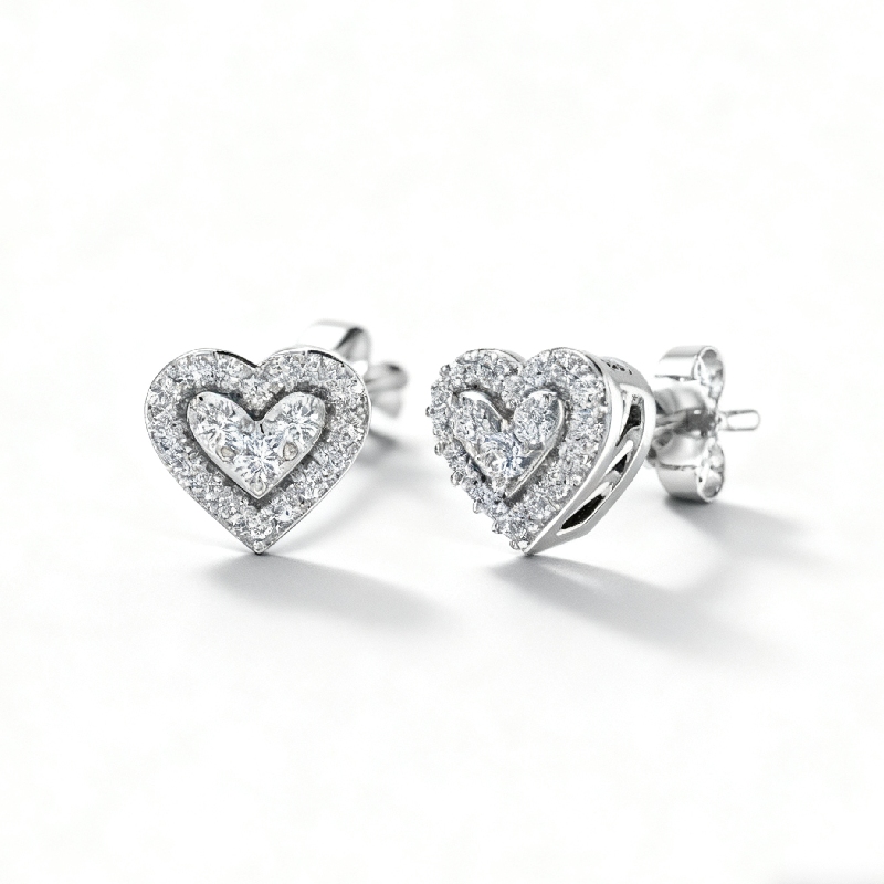 S925 Silver Heart Shaped Pave Stud Earrings