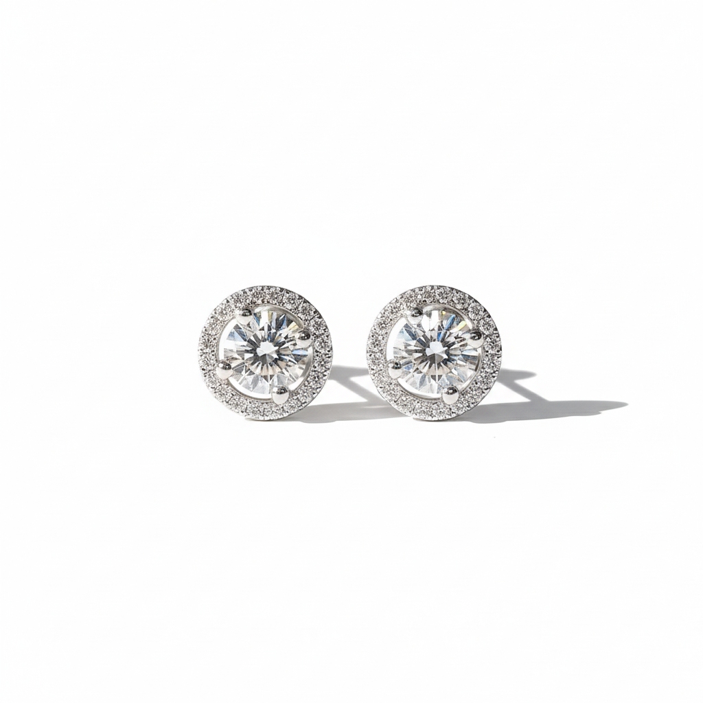 S925 Silver Round Diamond Halo Stud Earrings