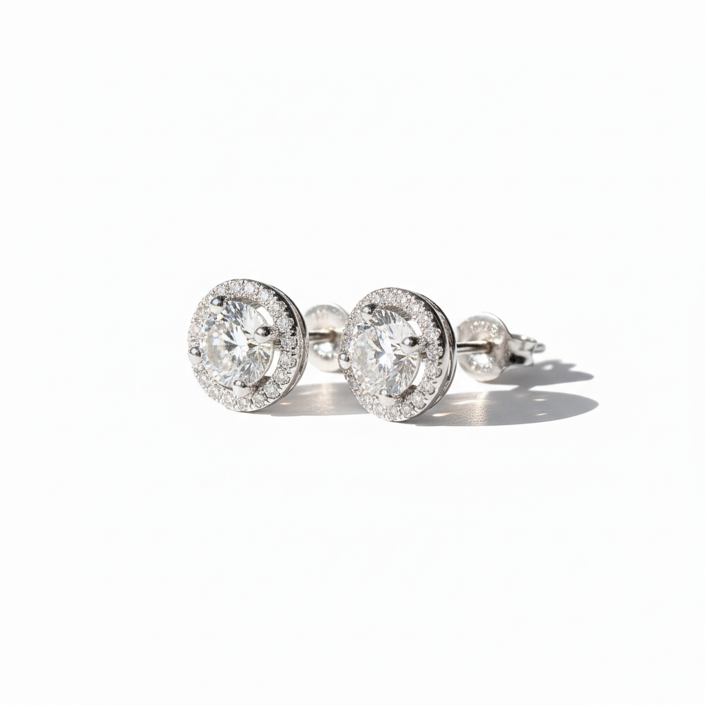 S925 Silver Round Diamond Halo Stud Earrings