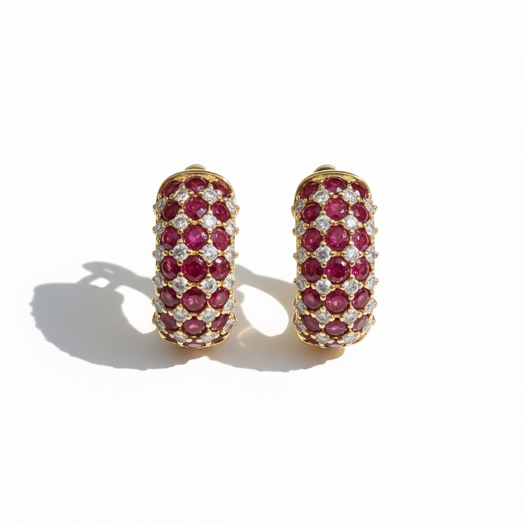 S925 Silver Ruby and Diamond Pinfire Hoop Earrings