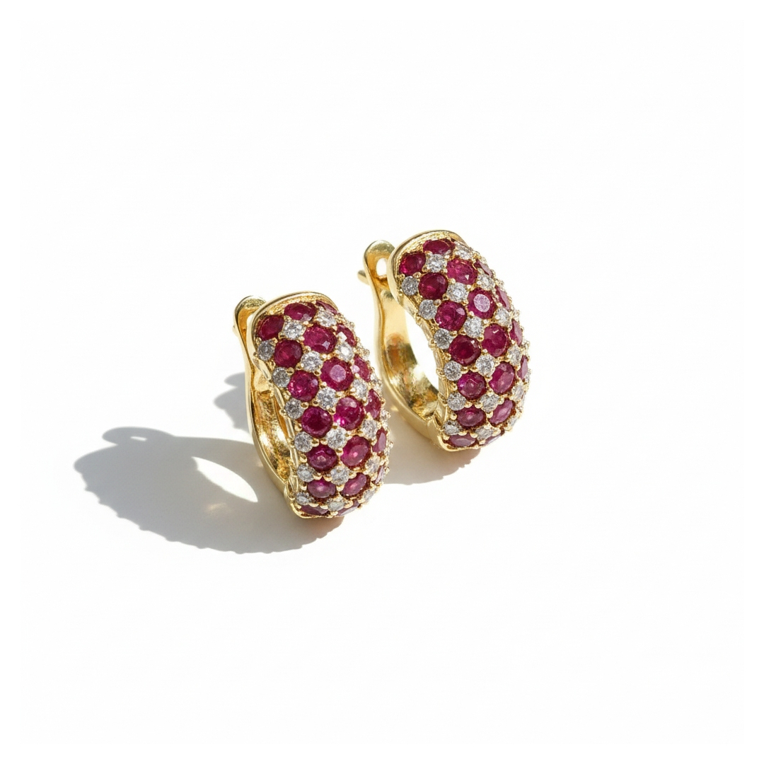 S925 Silver Ruby and Diamond Pinfire Hoop Earrings