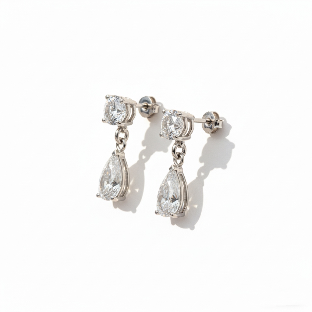 S925 Silver Pear and Round Brilliant Cut Diamond Drop Earrings