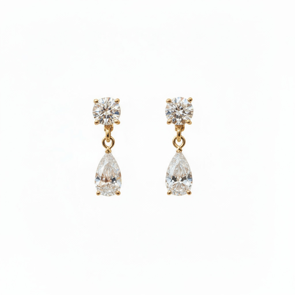 S925 Silver Pear and Round Brilliant Cut Diamond Drop Earrings